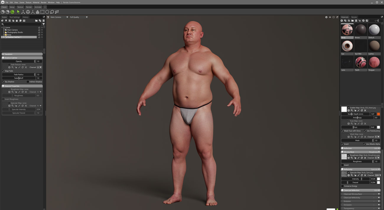 Marmoset Toolbag real-time scene render of a heavy-set male 3D body scan with PBR shading and lighting